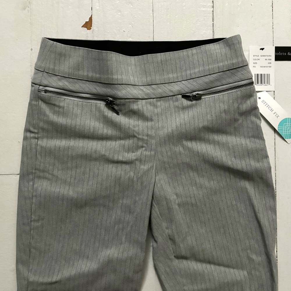 Light gray pinstripe violets and roses work pants